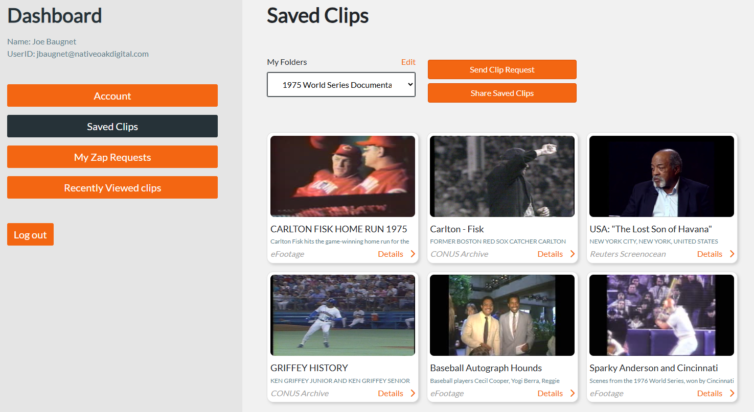 footage.net research dashboard with saved clips folder opened