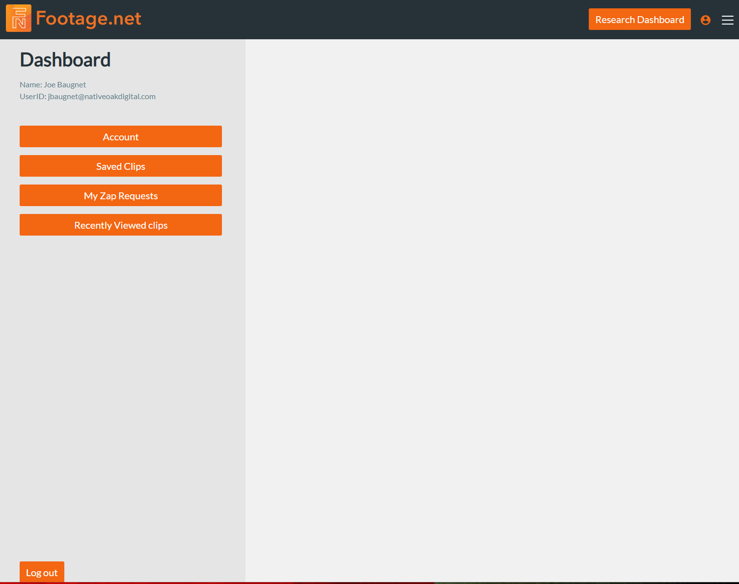 the footage.net research dashboard with the main left hand navigation visibile