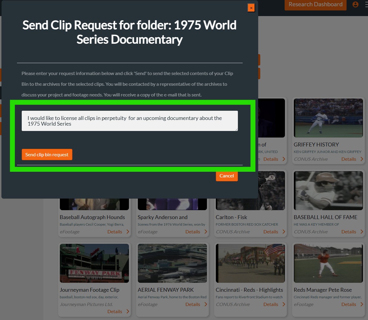 Sending a clip bin request on Footage.net for 1975 World Series Documentary