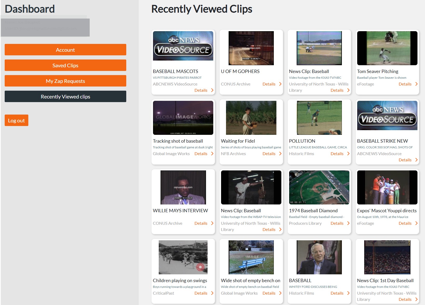 Recently Viewed Clips feature in Footage.net showing impressions of previously searched video clips