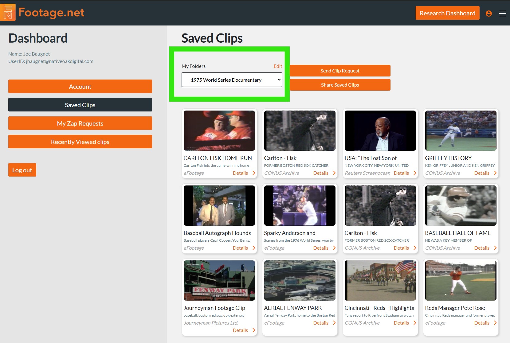 Sharing a link to the 1975 world series documentary clip bin via Footage.net’s saved clips feature.