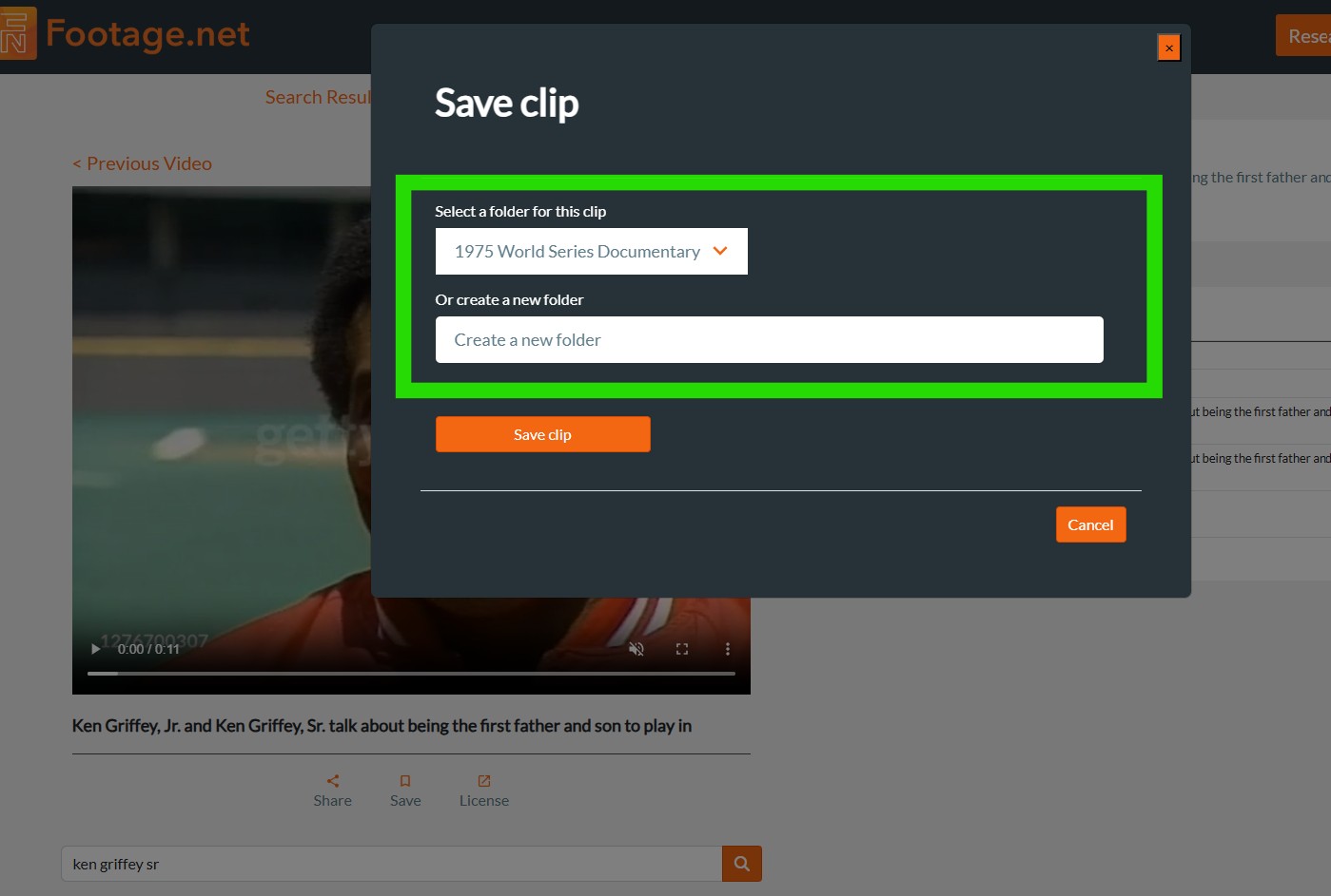 A green box highlighting where to input a new folder name when saving a clip to a custom project on footage.net