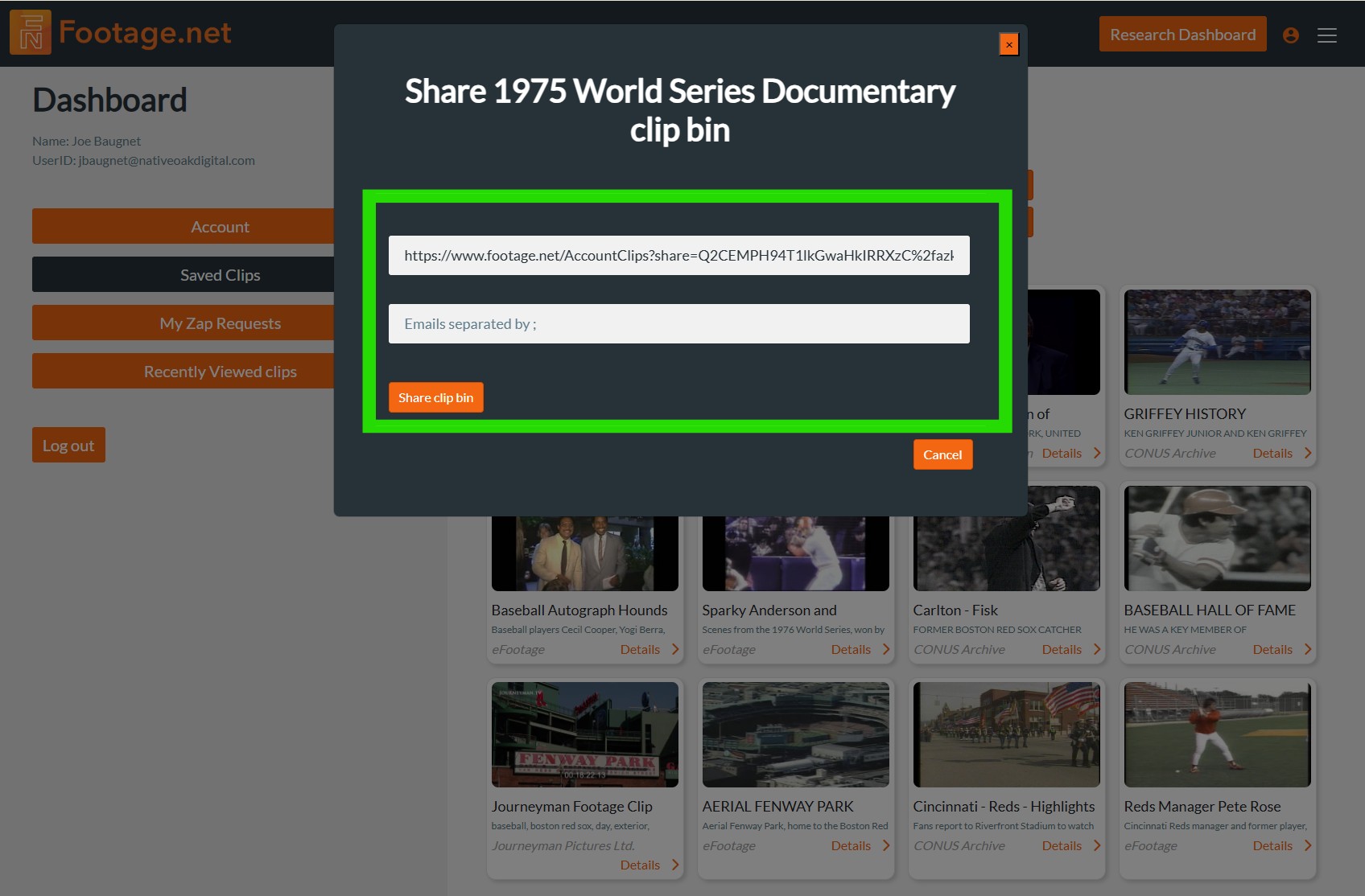 Sending a clip bin request on Footage.net regarding 1975 World Series Documentary