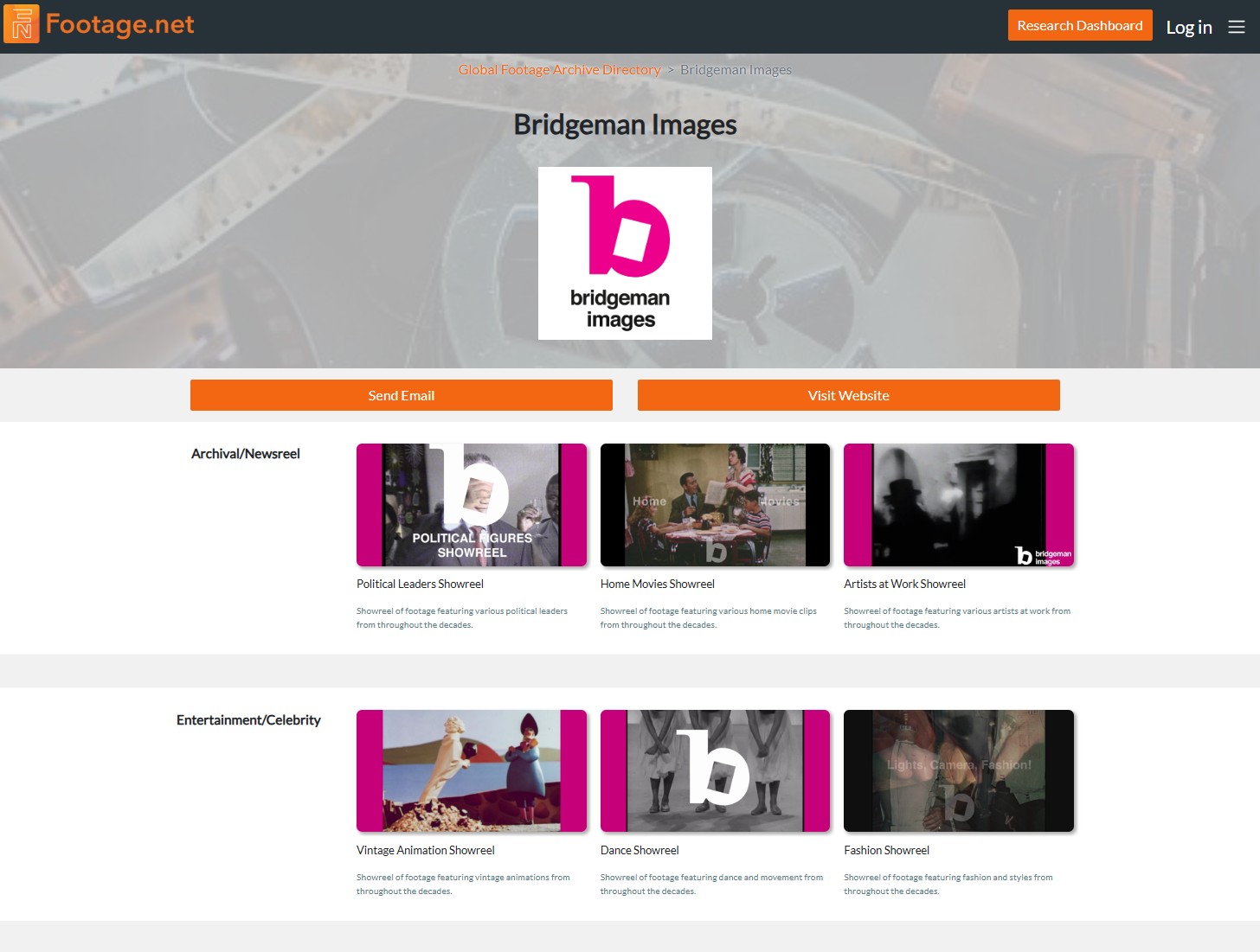 Bridgeman Images Archive Directory landing page on Footage.net