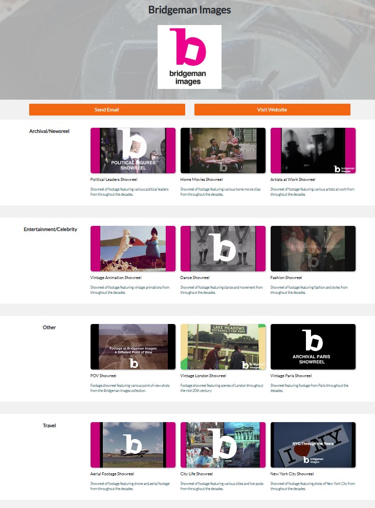 Bridgeman Images premium Global Footage Archive listing on Footage.net displaying video reels by category