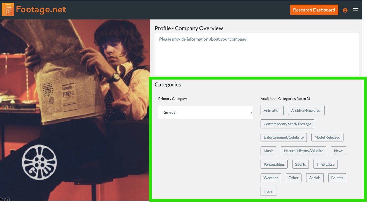 category fields in the Footage.net add a listing form with a green box around the category options