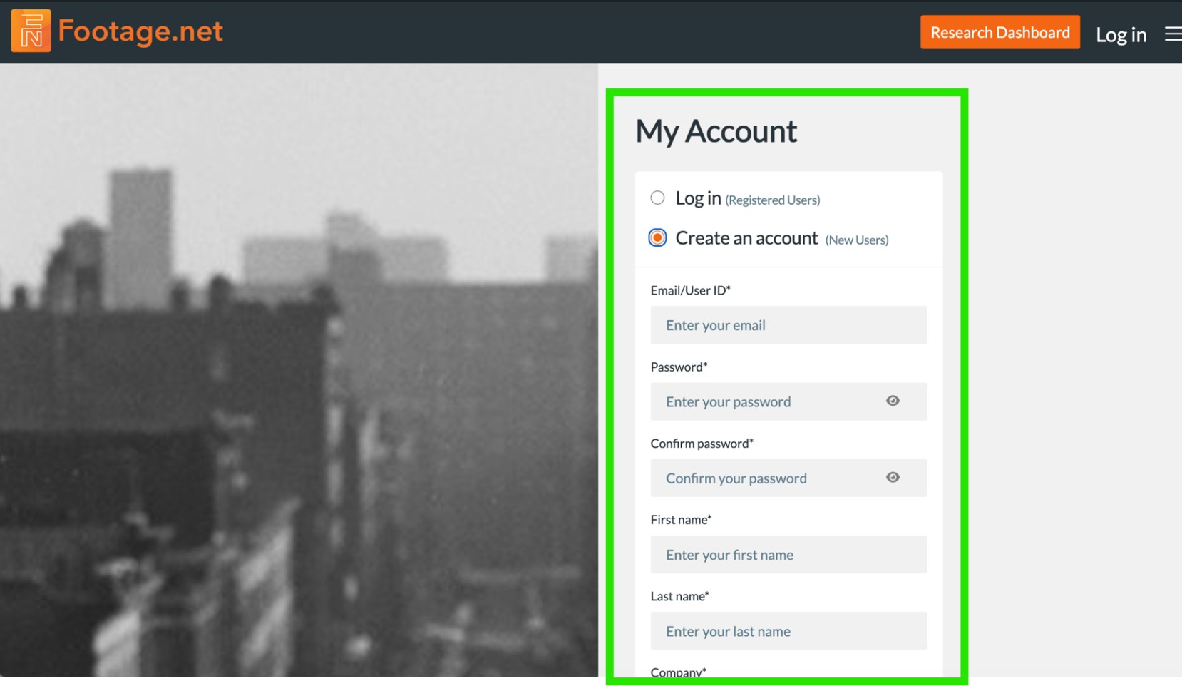 Create an Account form on Footage.net with a green box highlighting the form fields to fill out.