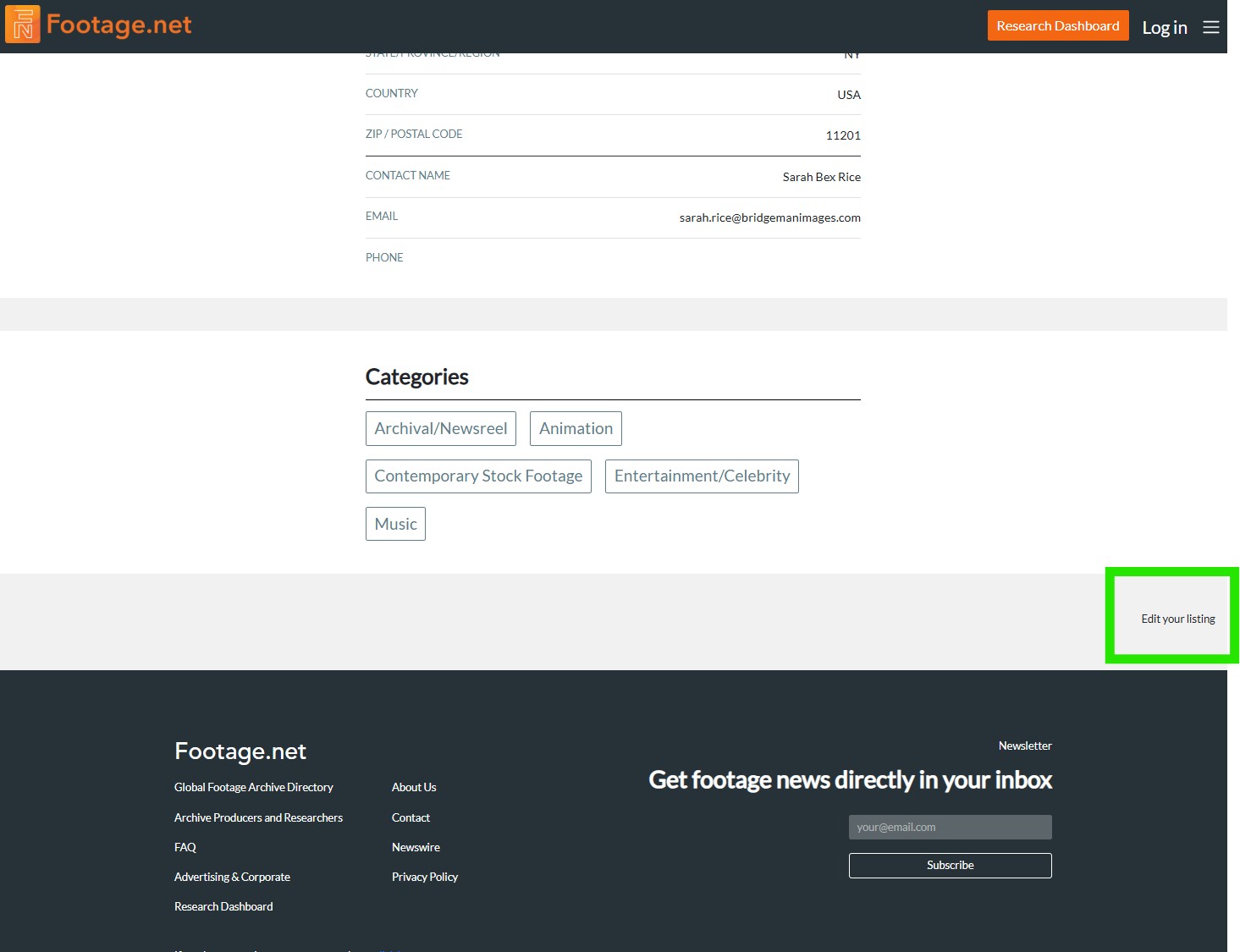 "edit your listing link" located in the bottom right hand corner of a directory listing on footage.net
