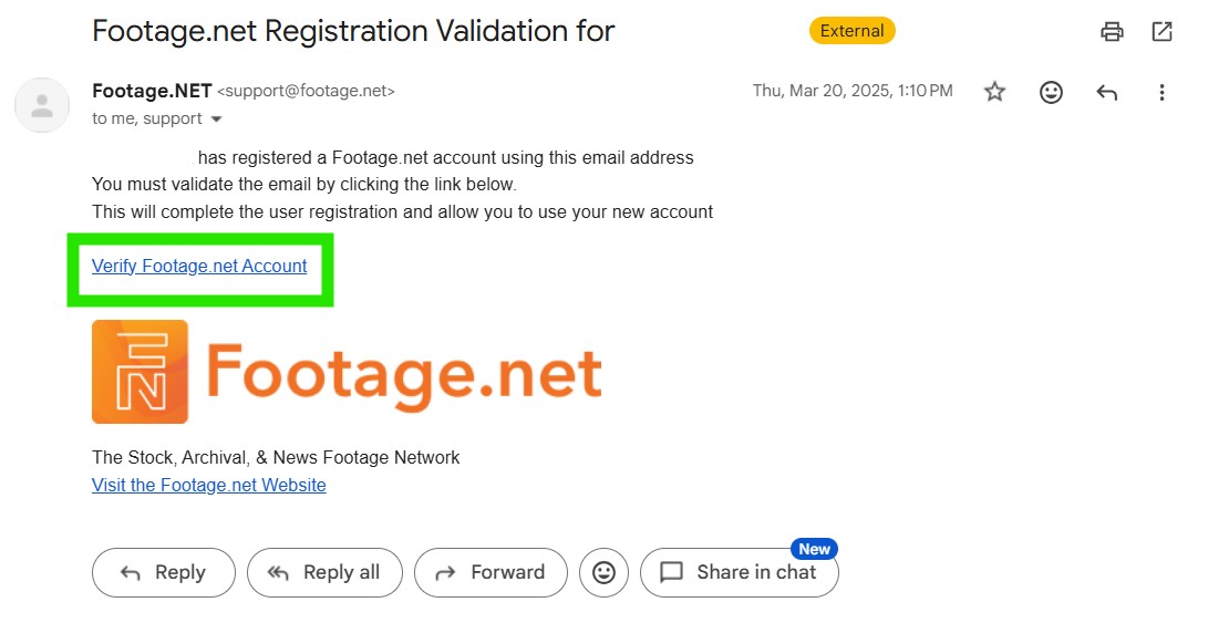 footage.net registration confirmation email with a green box around the verification link