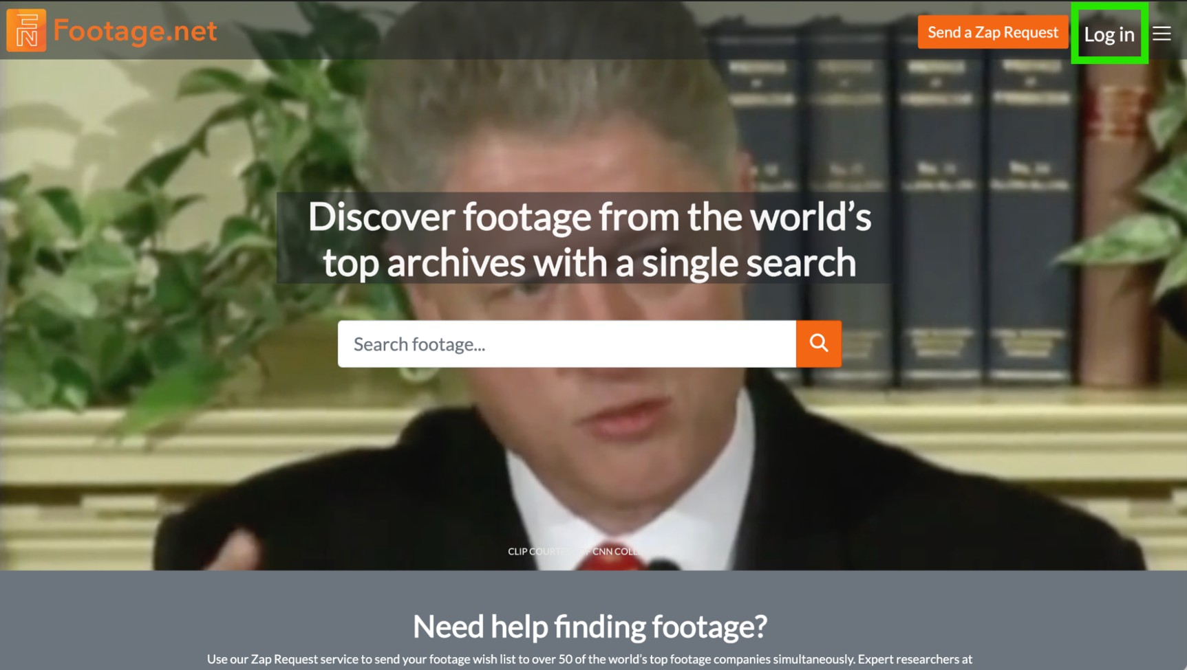 Footage.net homepage with a green box around the login link