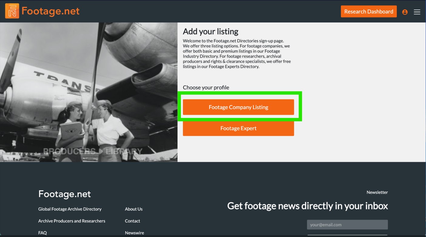 Add your listing landing page on footage.net highlighting the Footage Company Listing button in green