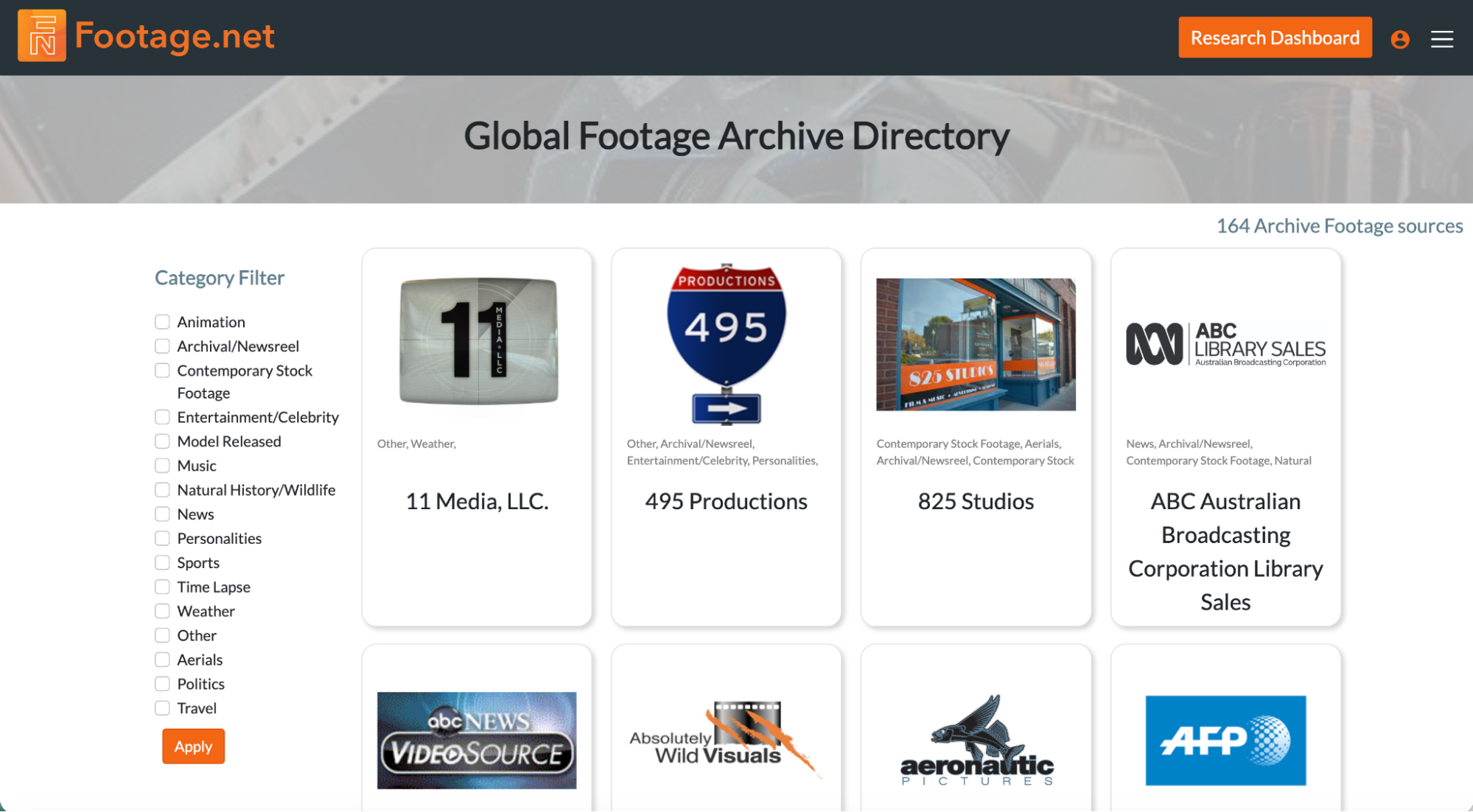 Footage.net's category landing page for the global footage archive directory showing the first eight archives and its filter options