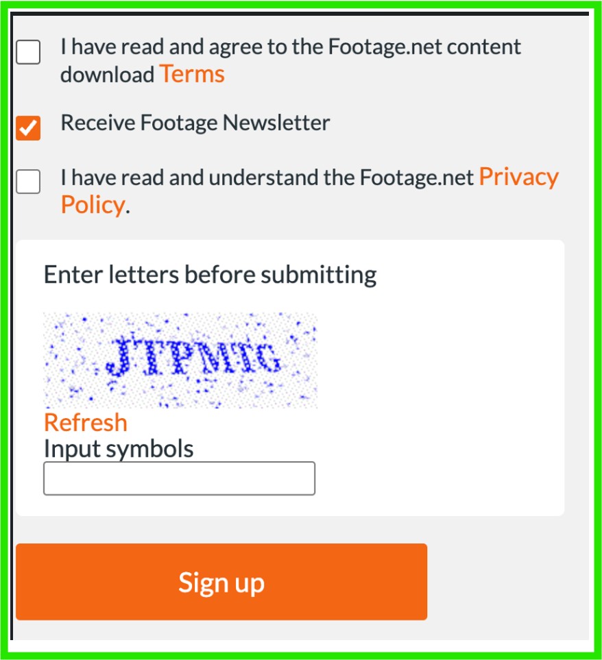 Captcha form on Footage.net with a green box highlighting what you need to fill out