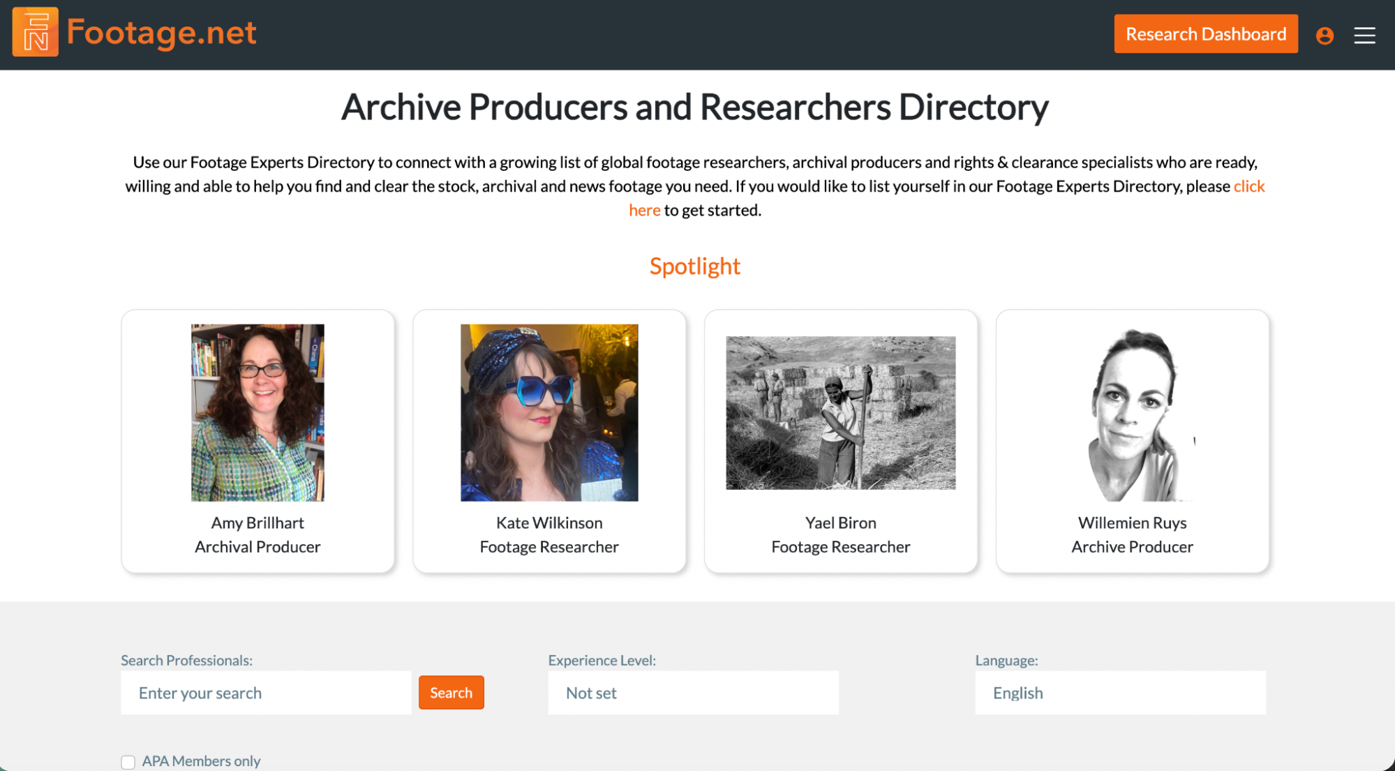 homepage for footage.net's archive producers and researchers with a spotlight feature highlighting researchers