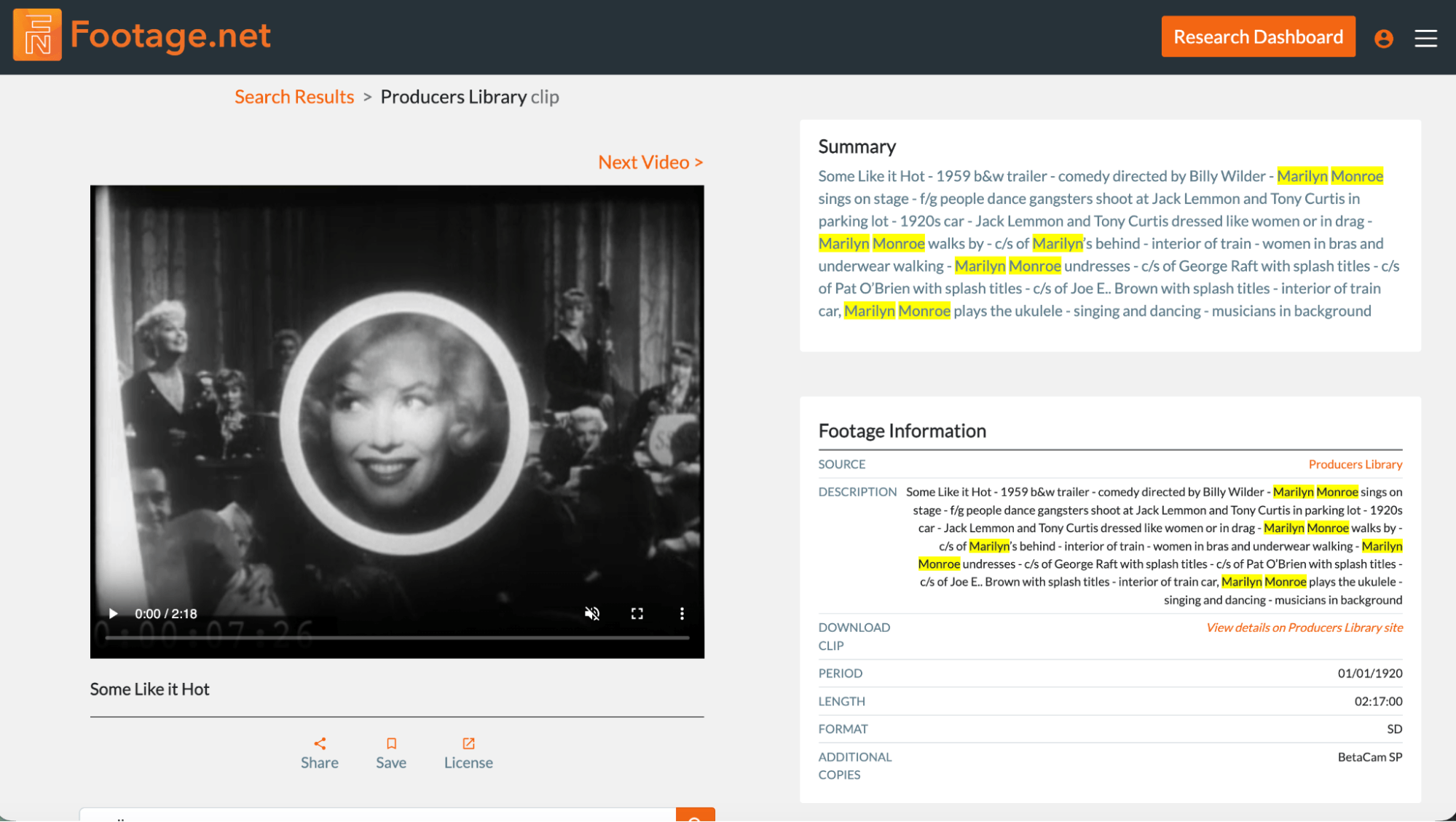 footage.net's "next preview" feature for previewing screened clips