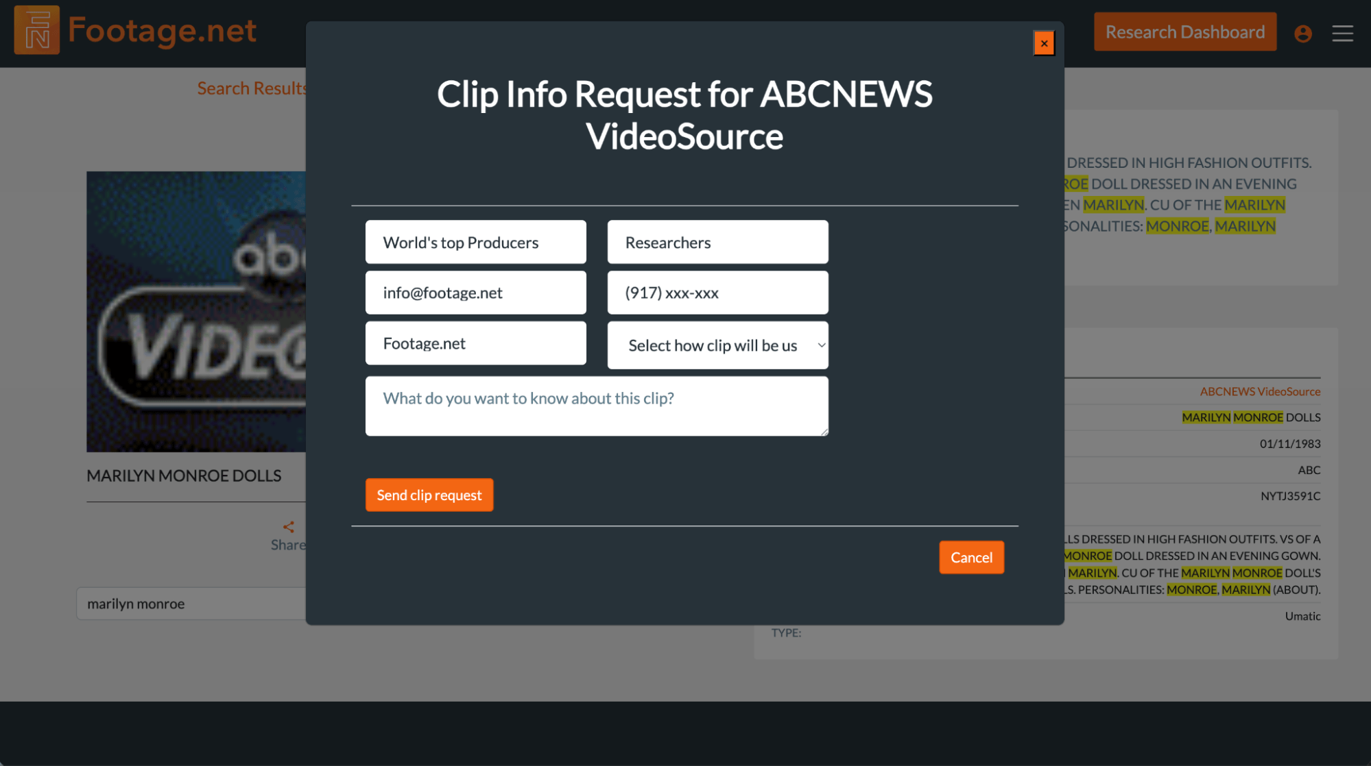 Footage.net's clip info request form with requirements needed to submit