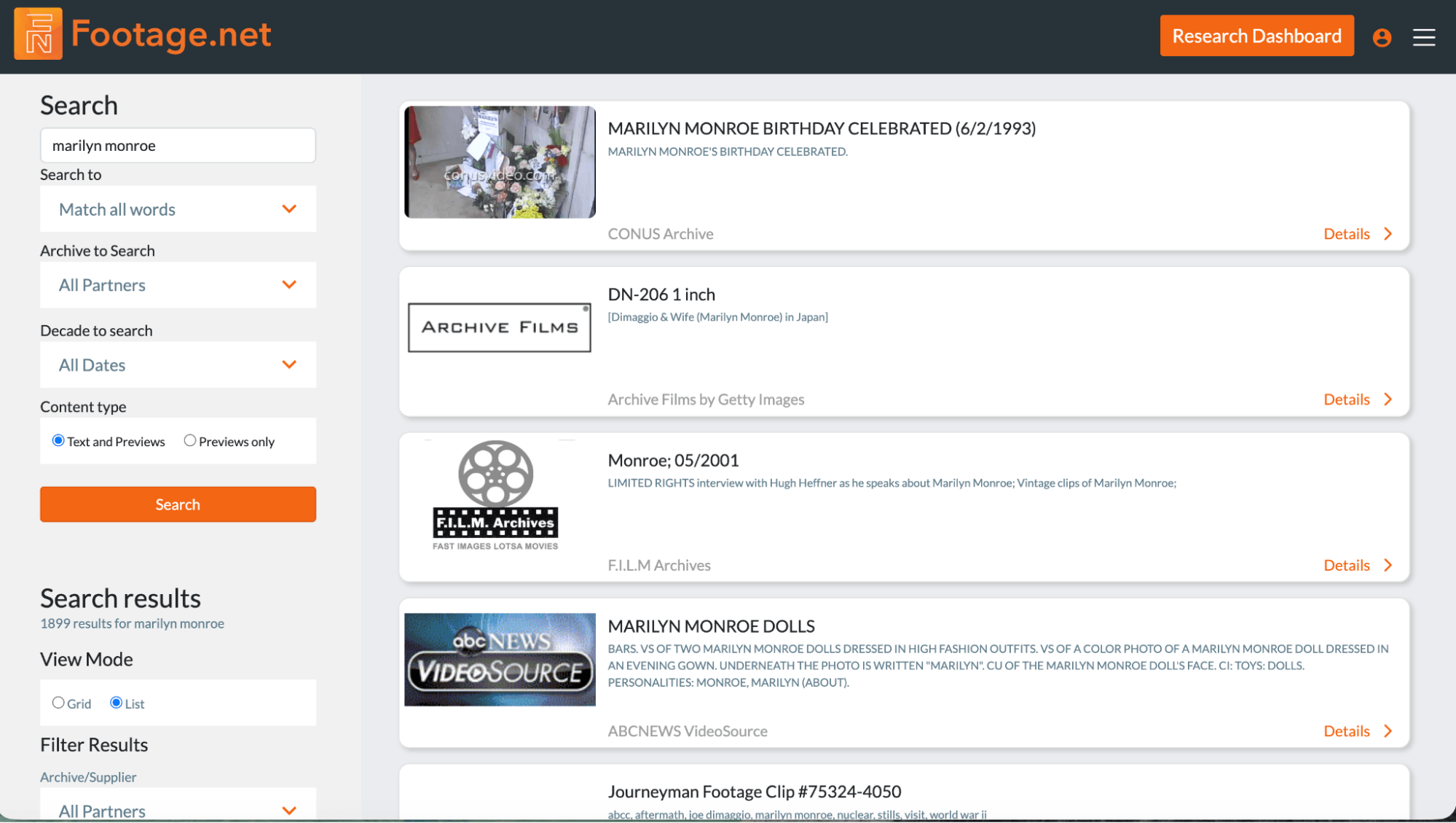 footage.net's list view for the query "marilyn monroe" demonstrating the filtering capabilites