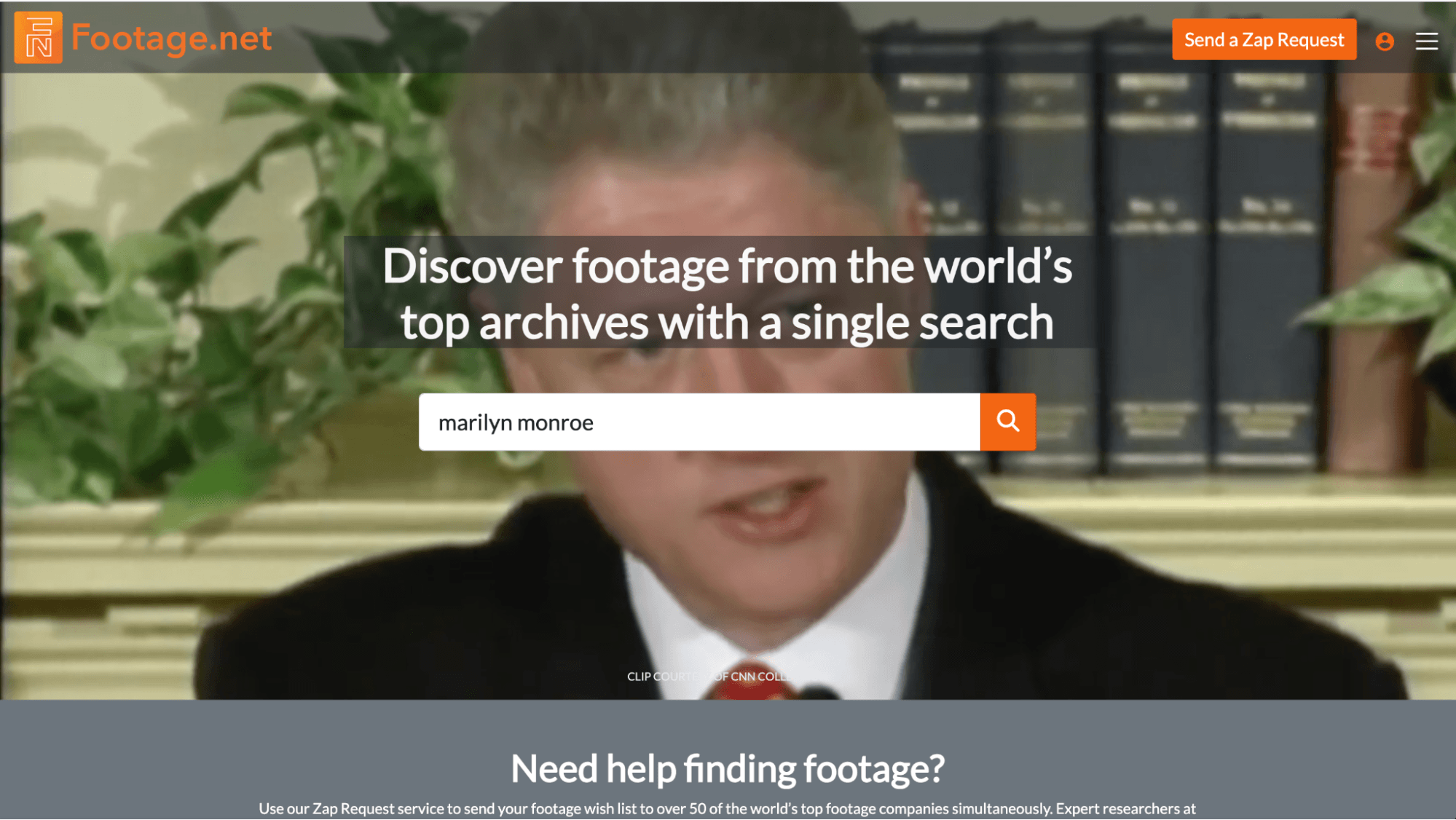 footage.net primary search bar on homepage with "maryilyn monroe" as the keyword and bill clinton as the hero background