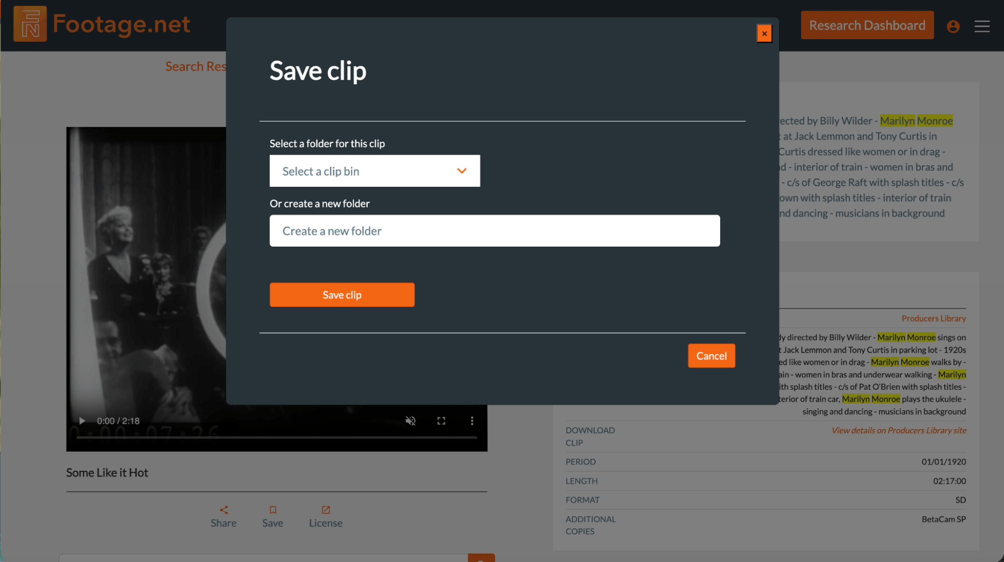 Footage.net's save a clip feature pop up box