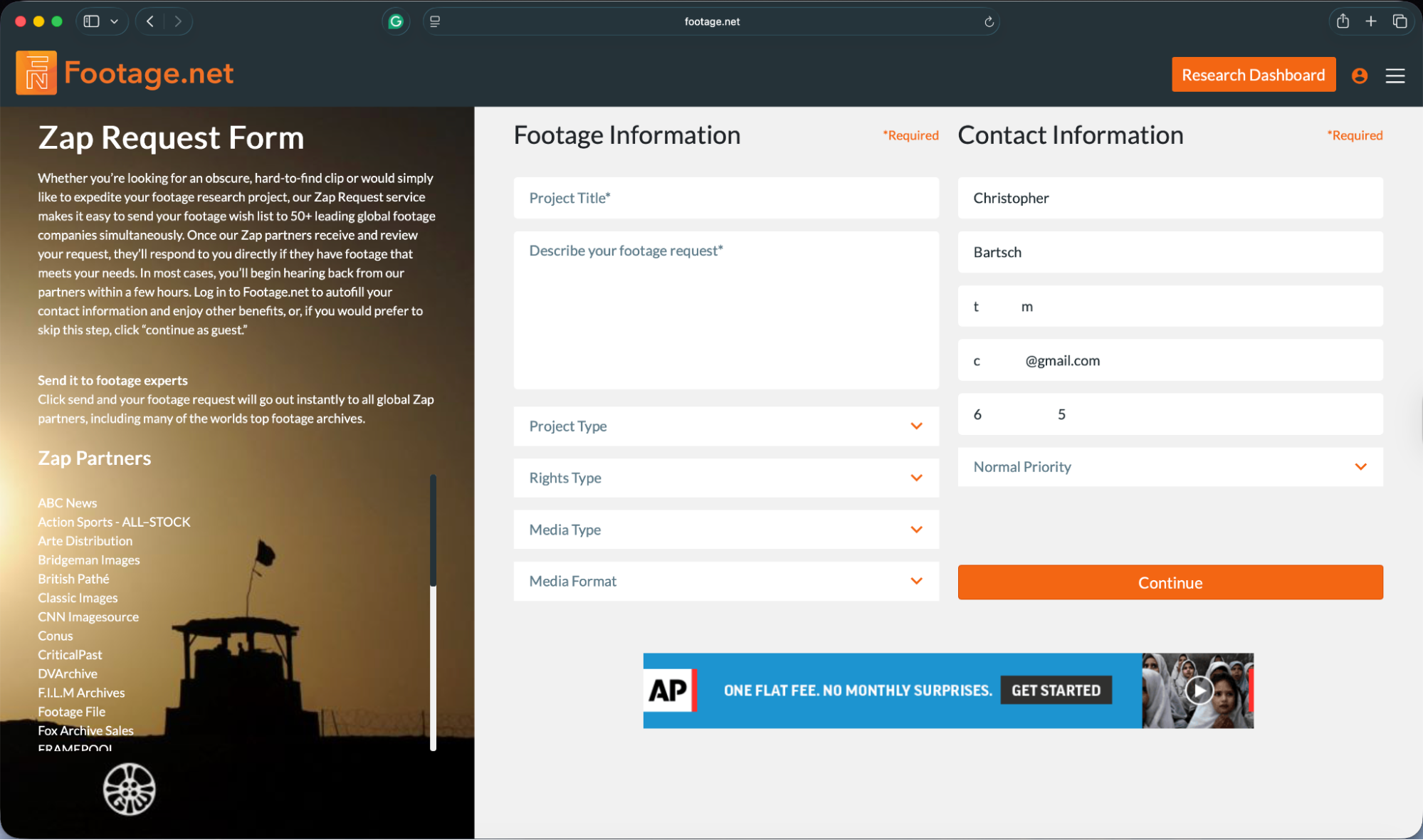 footage.net's zap email request form unfilled
