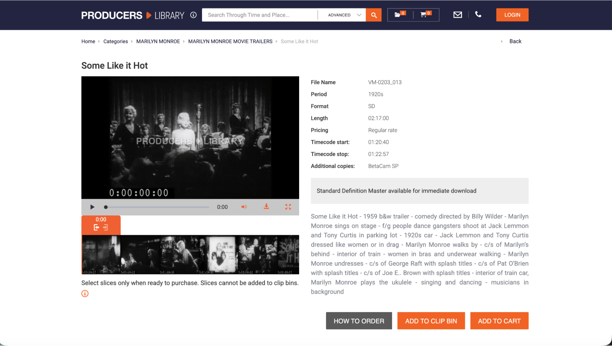 producers library licensing page for a specific clip on marilyn monroe
