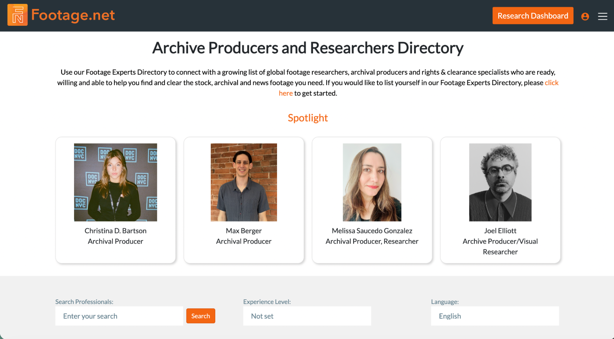 Footage.net's Archive Producers and Researchers Directory home page with spotlight researchers highlighted