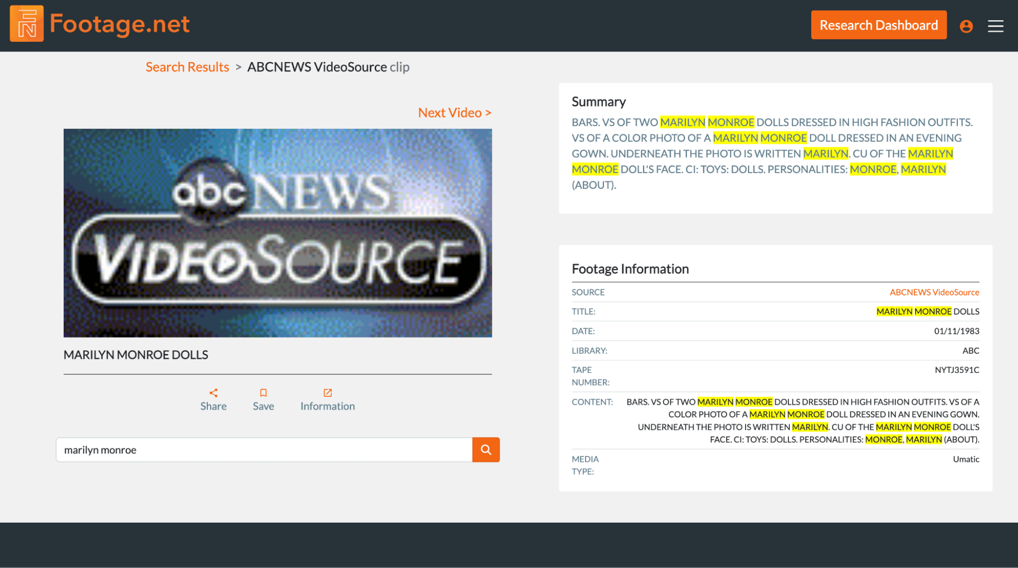 an abc news video source clip on footage.net used to highlight the "information" feature