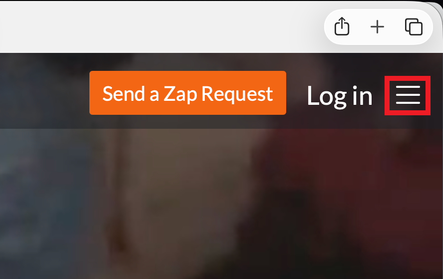 Send a Zap Request button on Footage.net alongside the hamburger menu