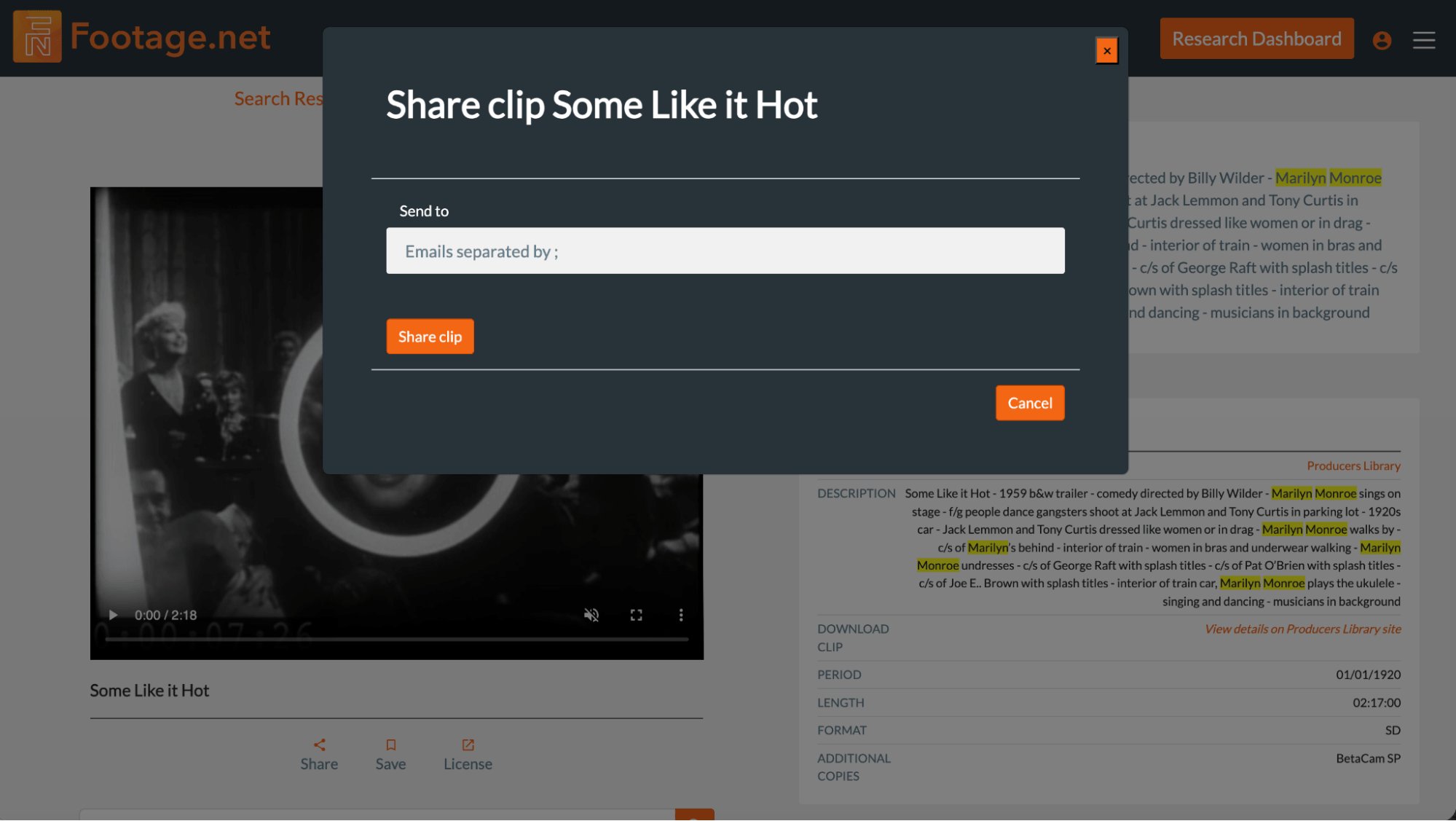 footage.net's share clip feature