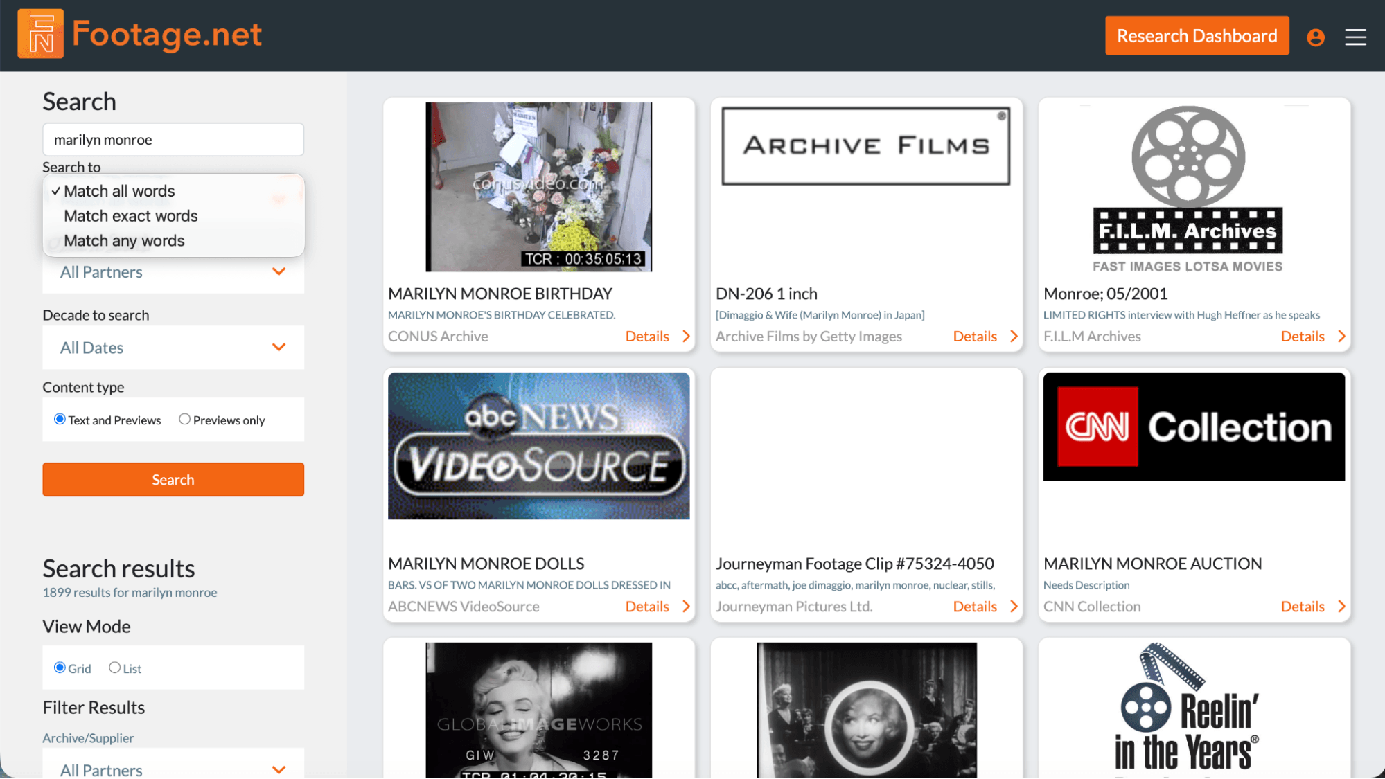 footage.net advanced query filter for keyword matching for the search term "marilyn monroe"