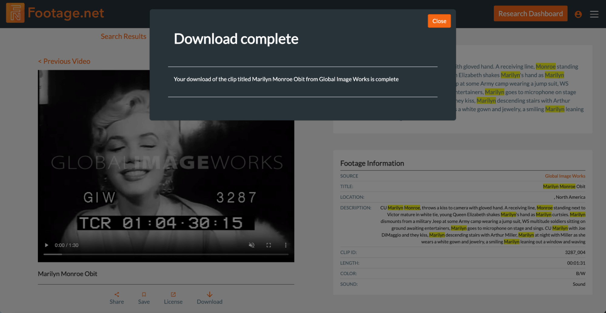 a pop up box detailing that a screened clip was downloaded successfully on footage.net