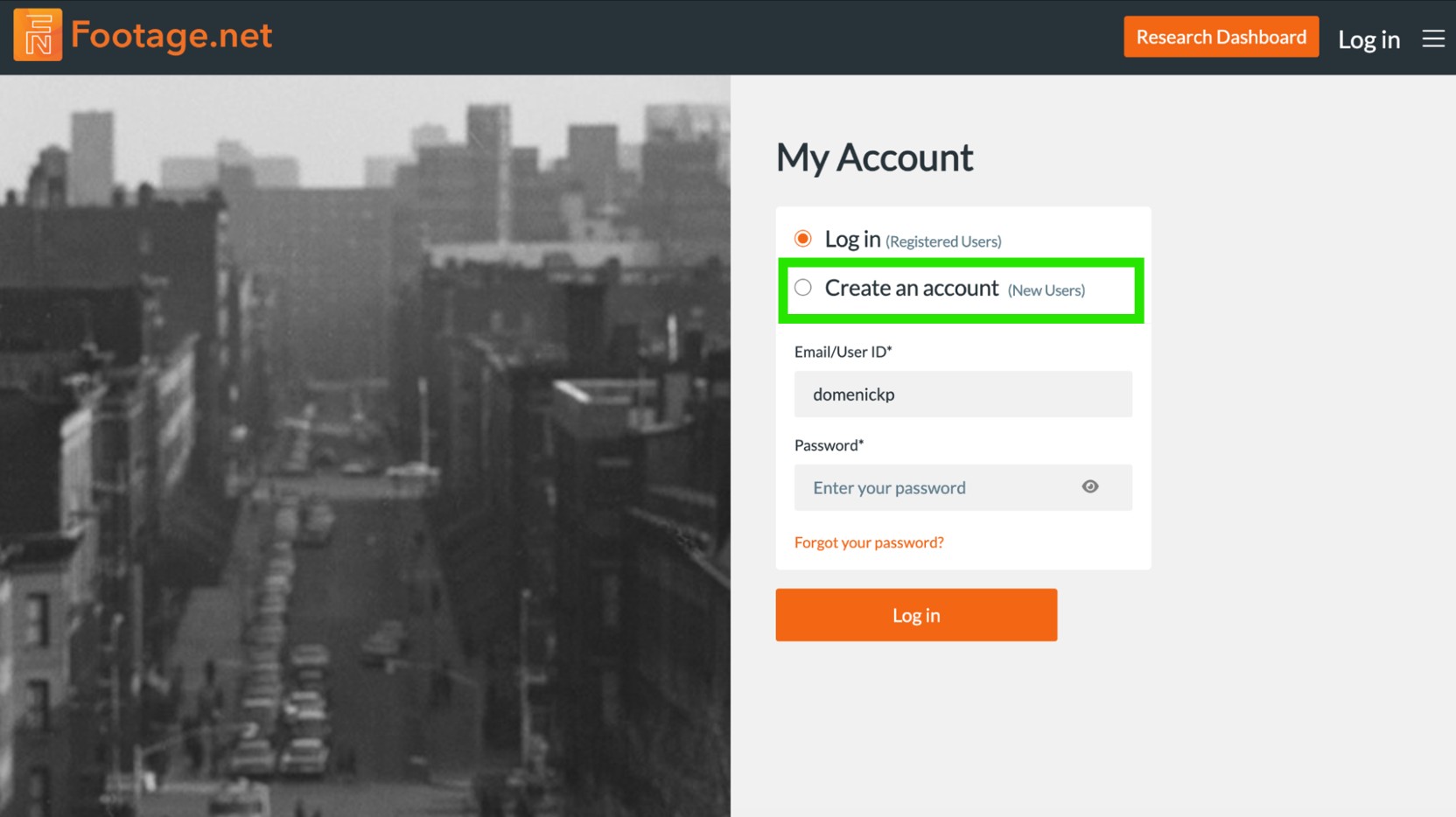 Footage.net login landing page with a green box highlighting "Create an Account"