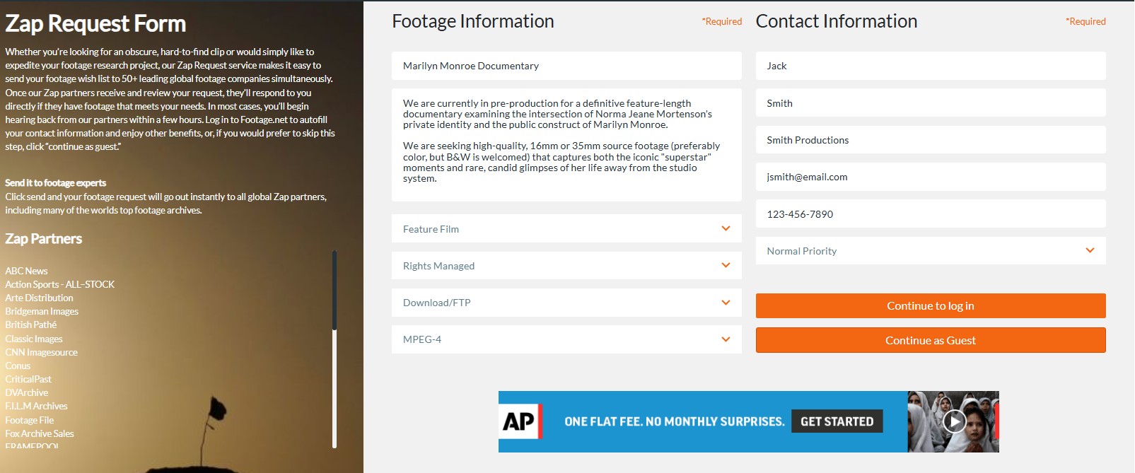 Footage.net zap email request form with example content populating each field