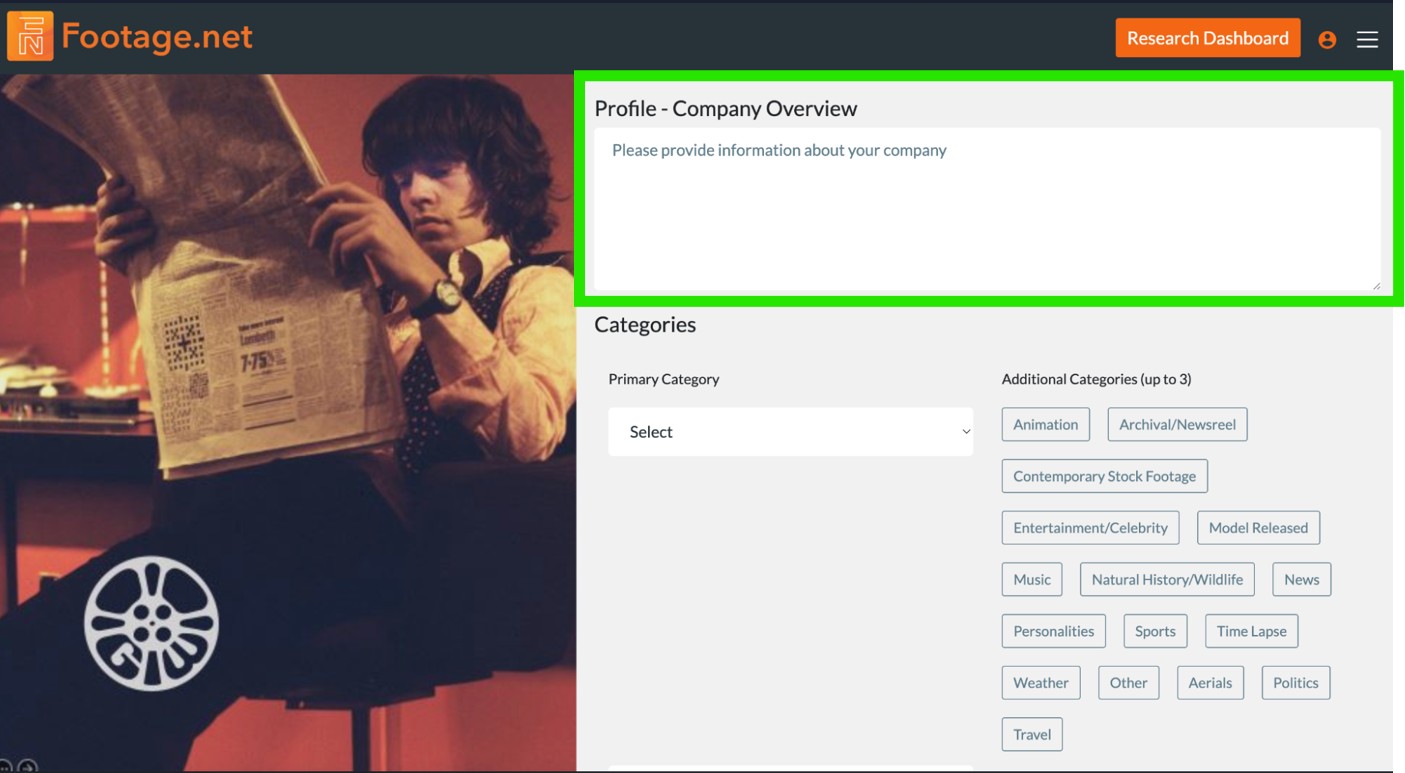 Company profile overview box in Footage.net's directory listing form