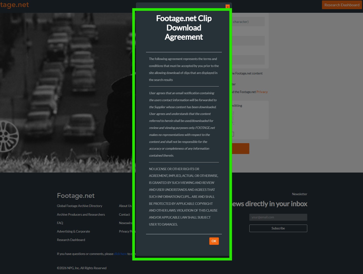 Footage.net's terms and conditions form with a green box around the form