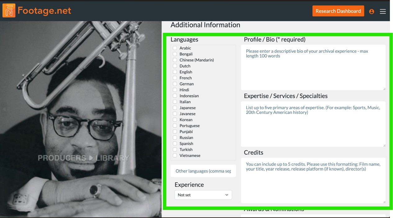 Footage.net Archive Producers and Researchers bio fields highlighted with a green box.