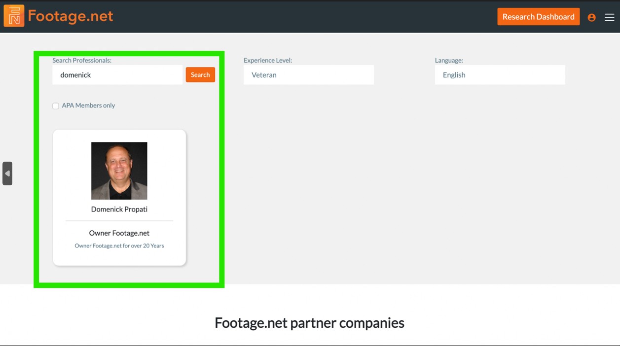 Footage.net Archive Producers & Researchers directory listing with a green box highlighting search bar and image