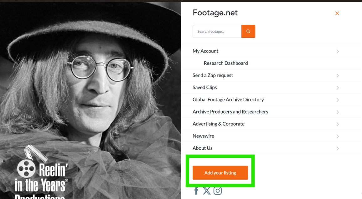 Footage.net navigation highlighting "add your listing" link with a bright green box
