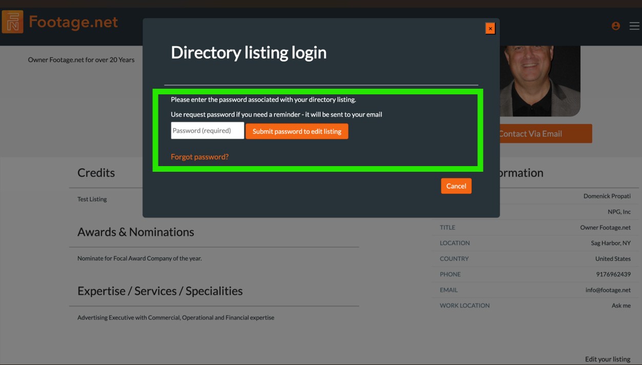 Footage.net Directory login screen with green box highlighting where to enter credentials