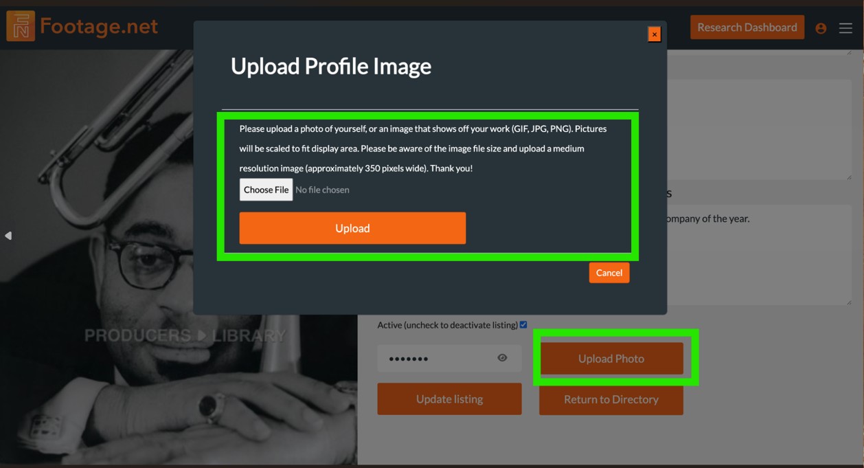 Footage.net Archive Producers & Researchers upload a photo feature with a green box detailing what to do