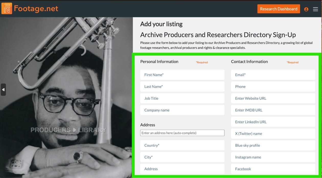 Footage.net's Archive Producers and Researchers sign up form with a green box around the form fields