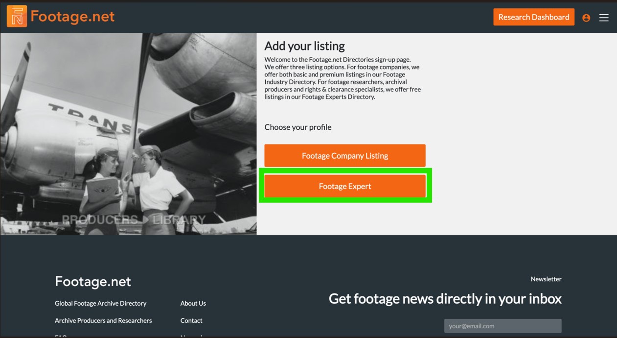 Footage Expert listing link highlighted with a green box on footage.net